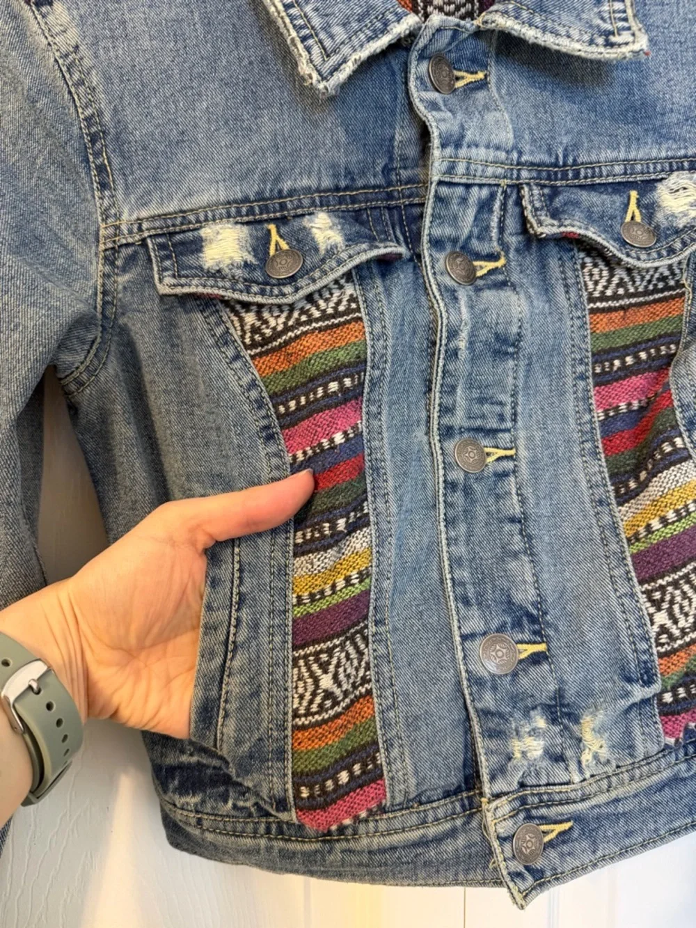 Free People Denim Jacket with Multicolor embroidered Panels - Picture 5 of 12